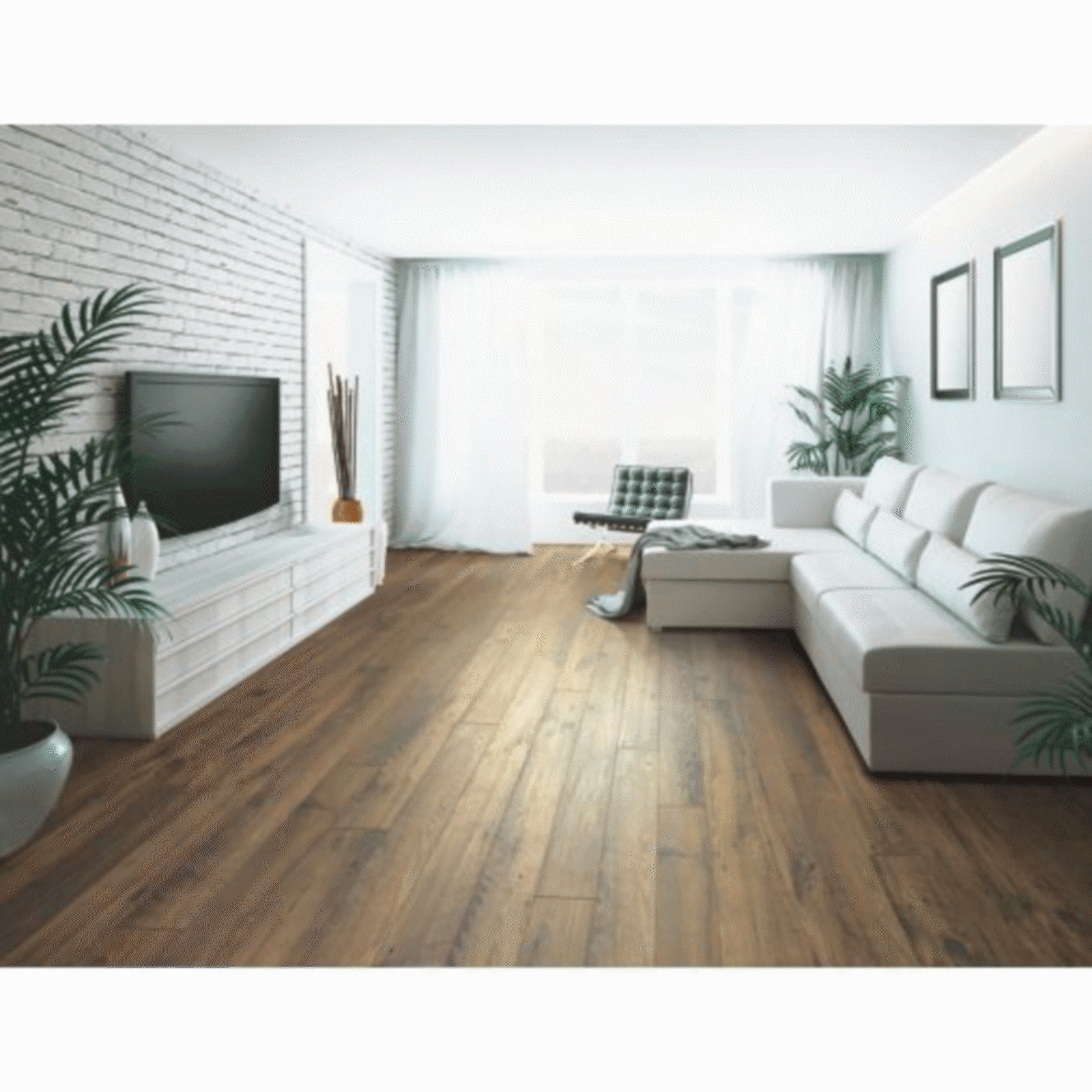 A living room with white walls and wooden floors.
