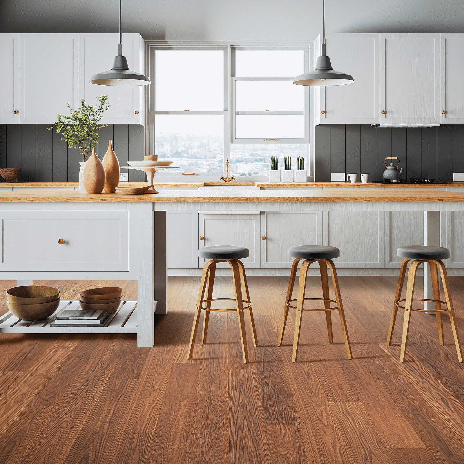 A kitchen with wooden floors and white cabinets.