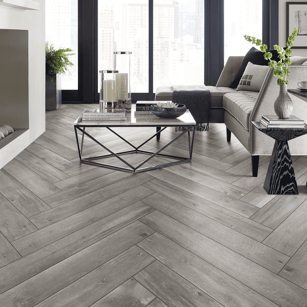 A living room with a couch and table