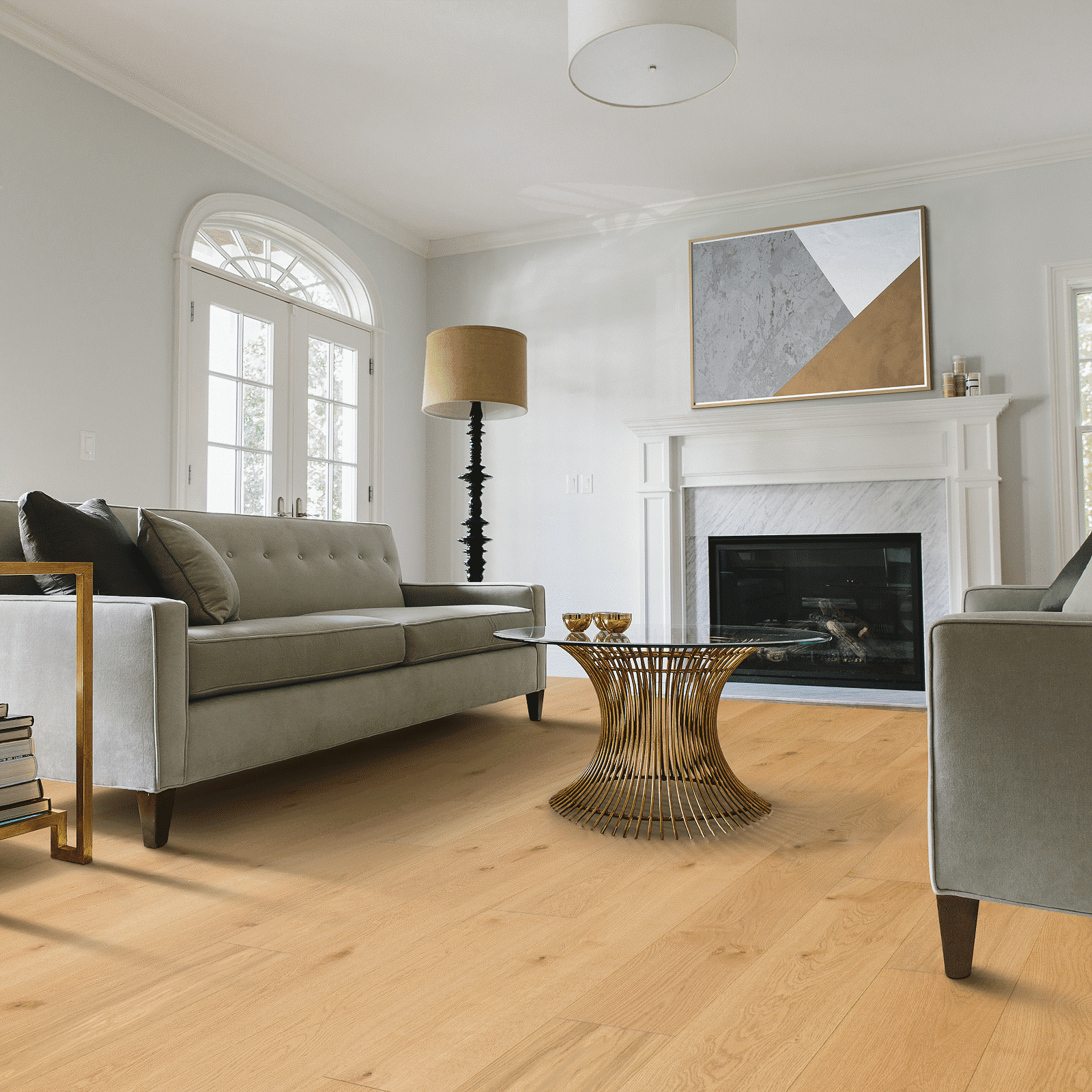 A living room with a fireplace and a couch
