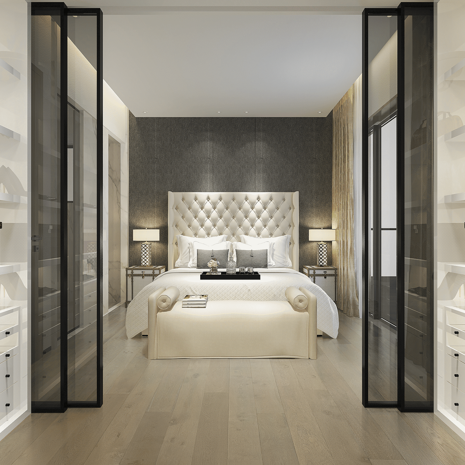 A bedroom with a bed and two nightstands.