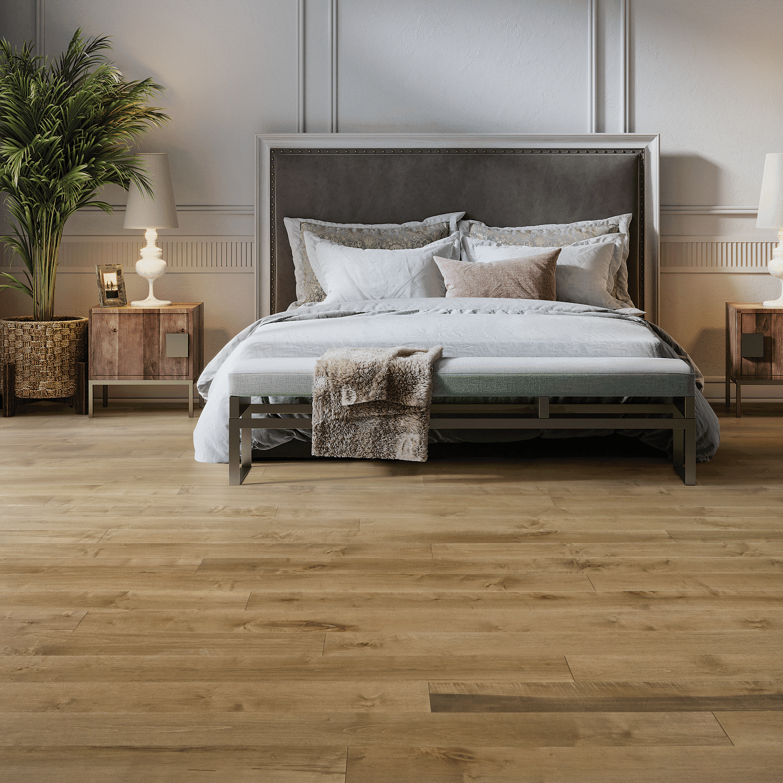 A bed room with a large bed and two night stands