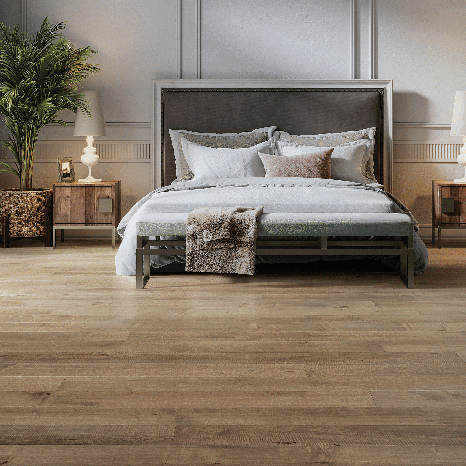 A bed room with a large bed and two night stands