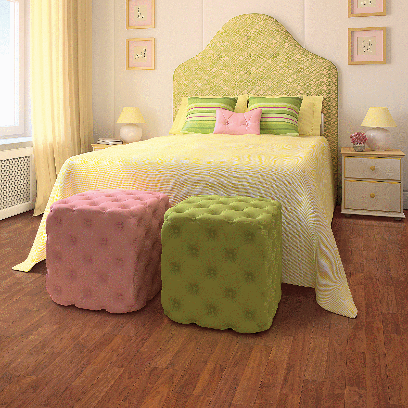 A bed with two pink and one green stools