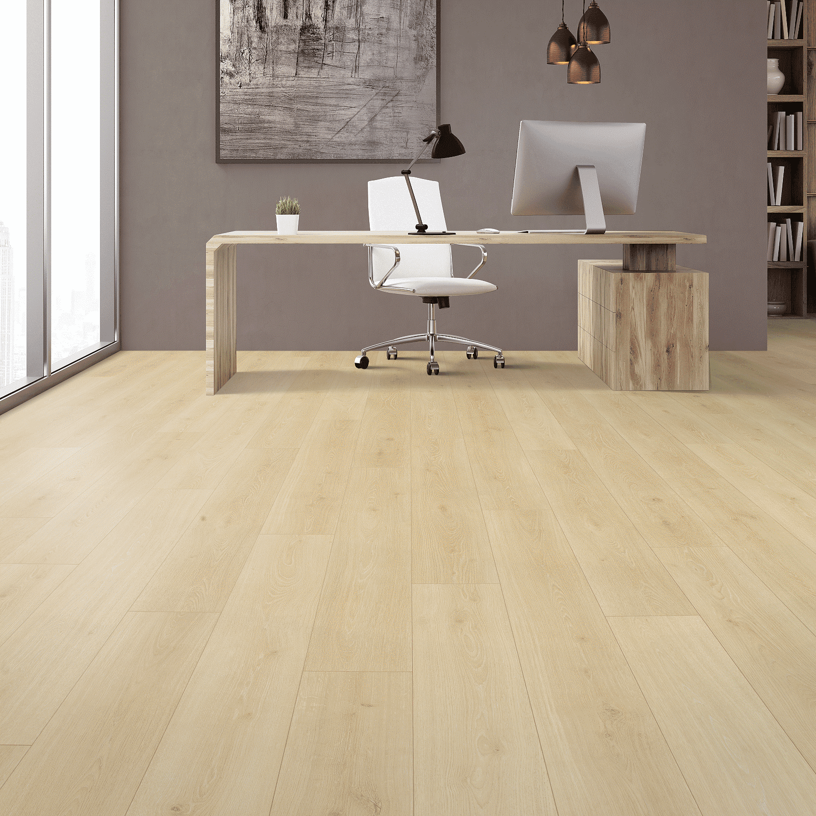 A desk and chair in front of a window.