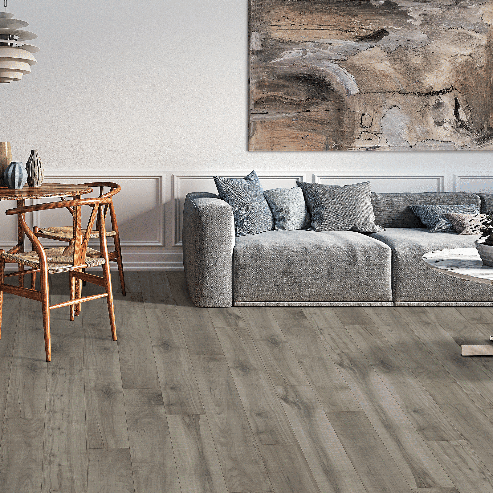 A living room with a couch and table