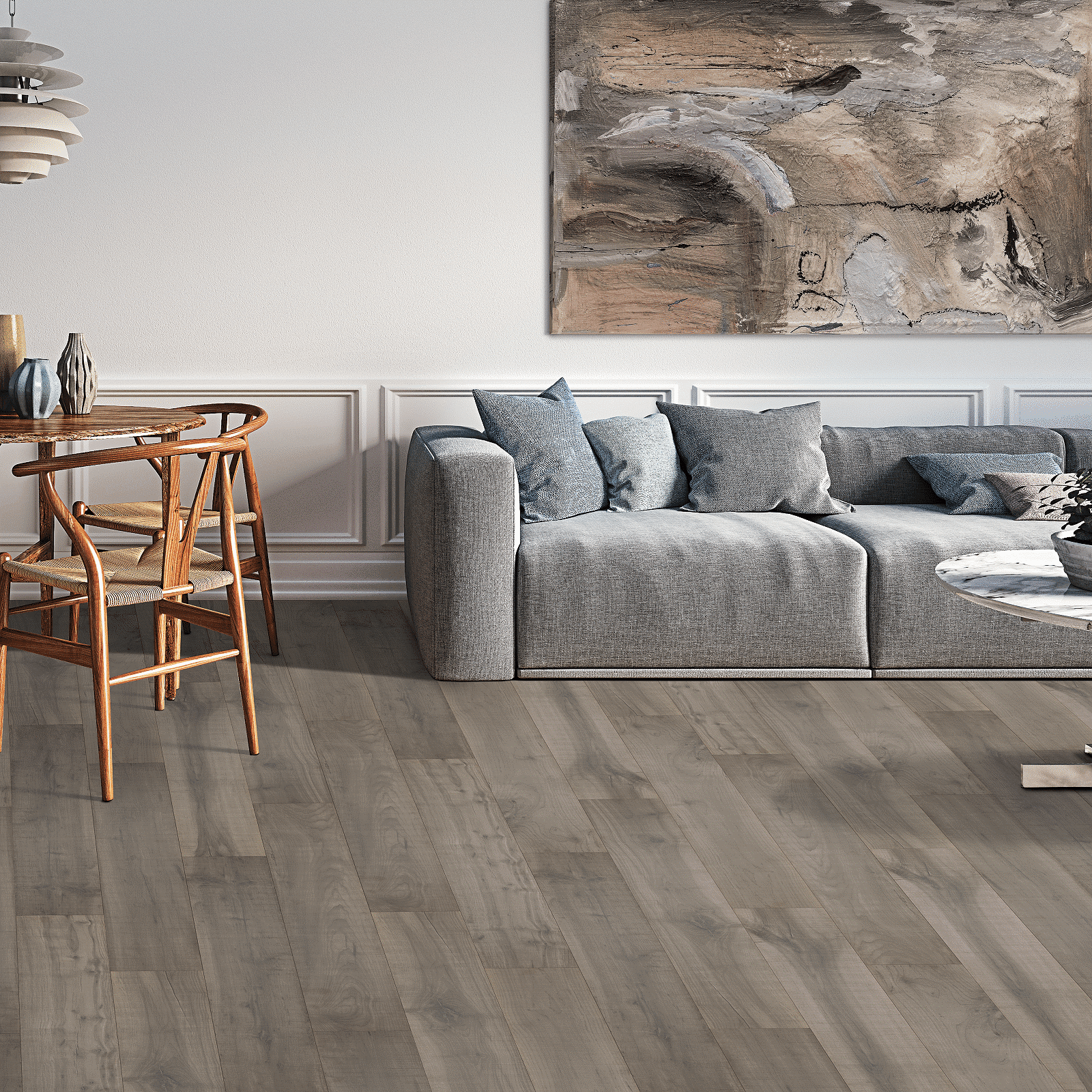 A living room with a couch, chair and table.