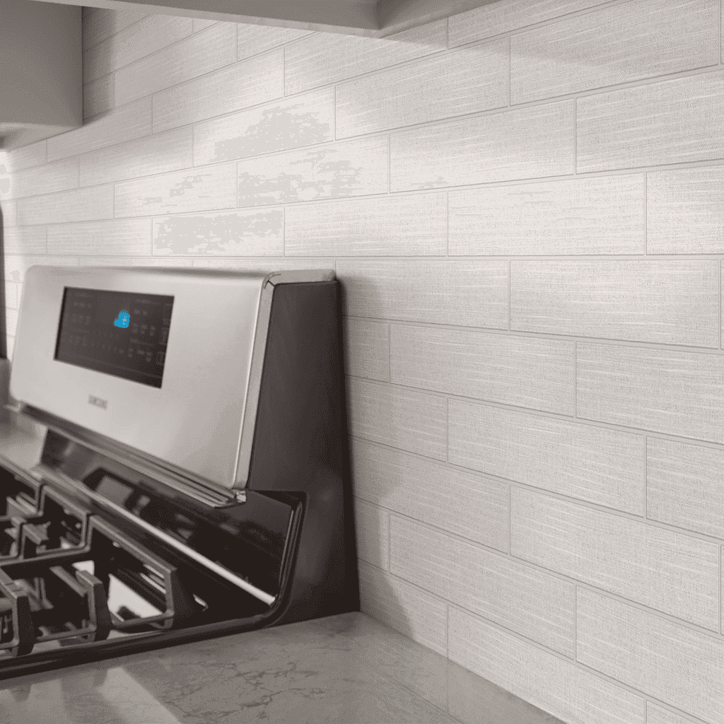 A stove with the oven on in front of it.