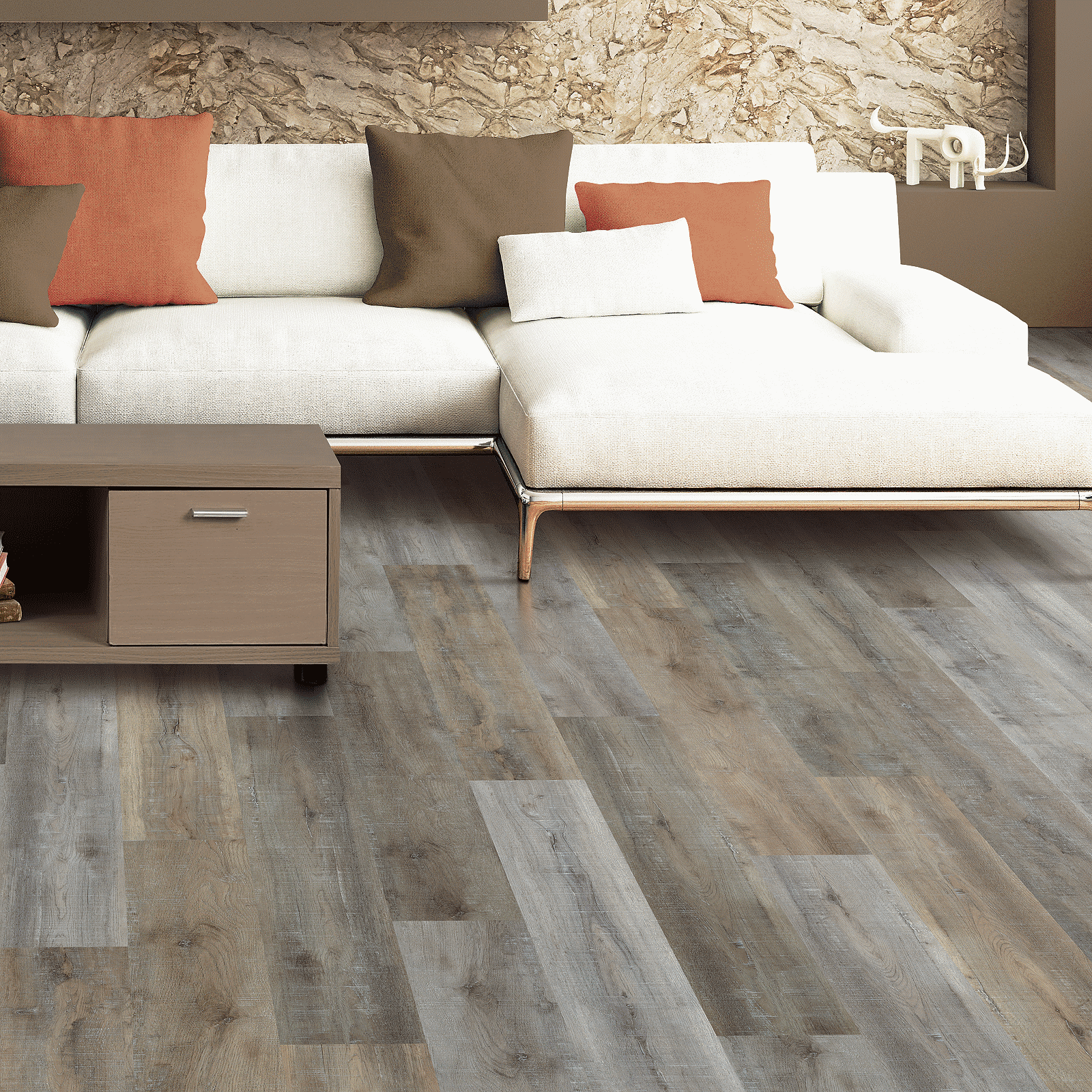 A living room with white furniture and wood floors.