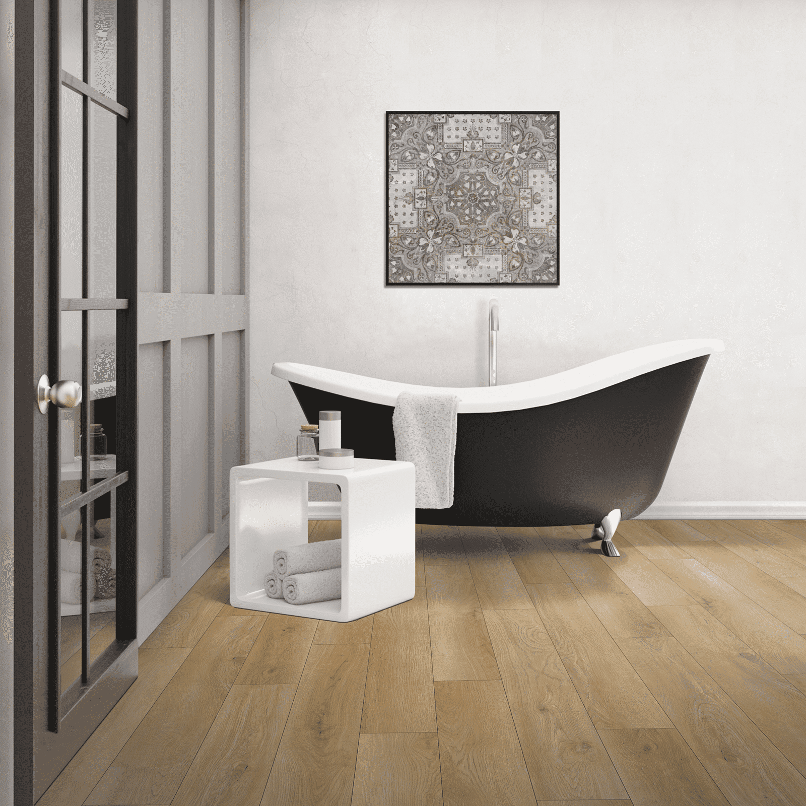 A bathroom with a tub and toilet paper.