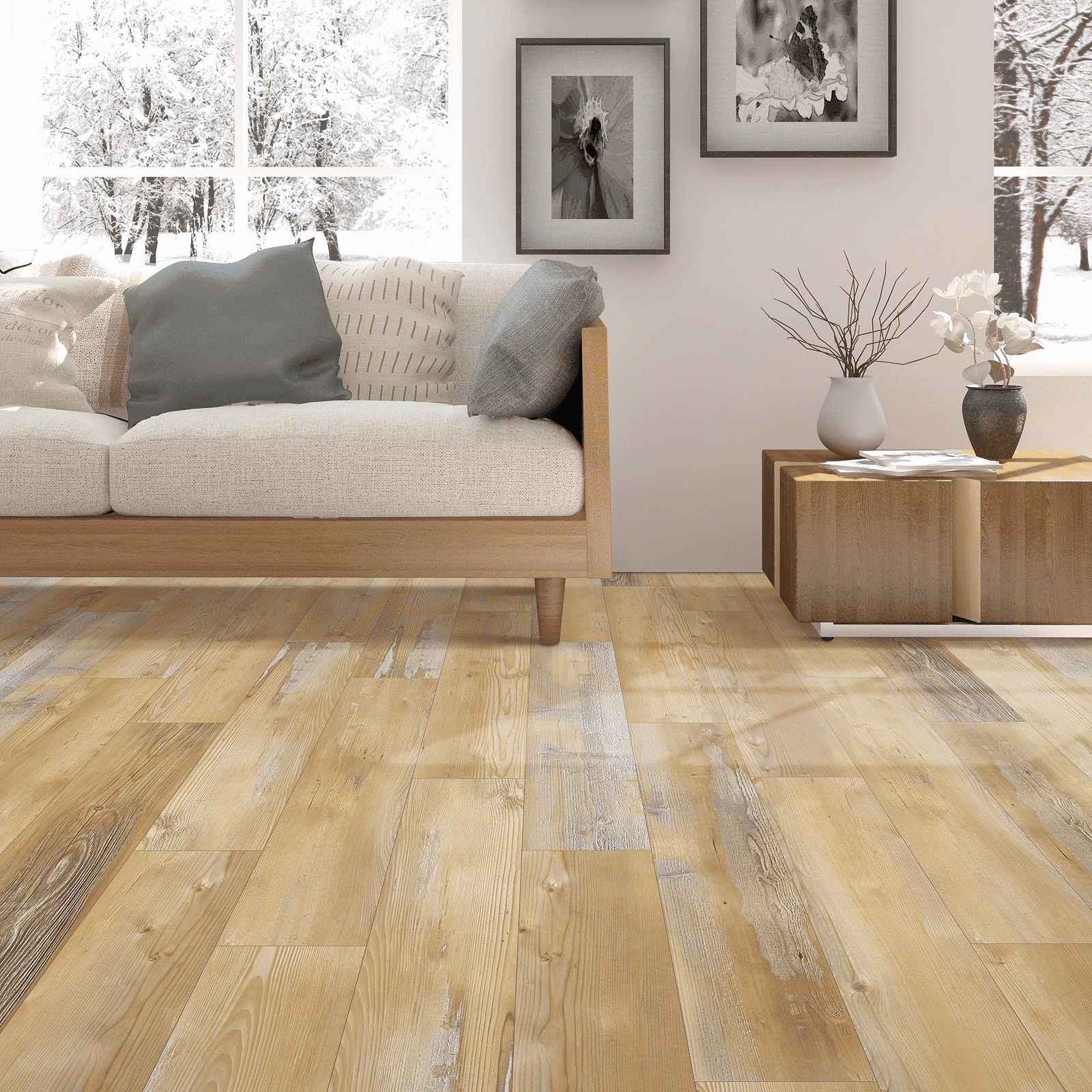 A living room with wood floors and white walls.