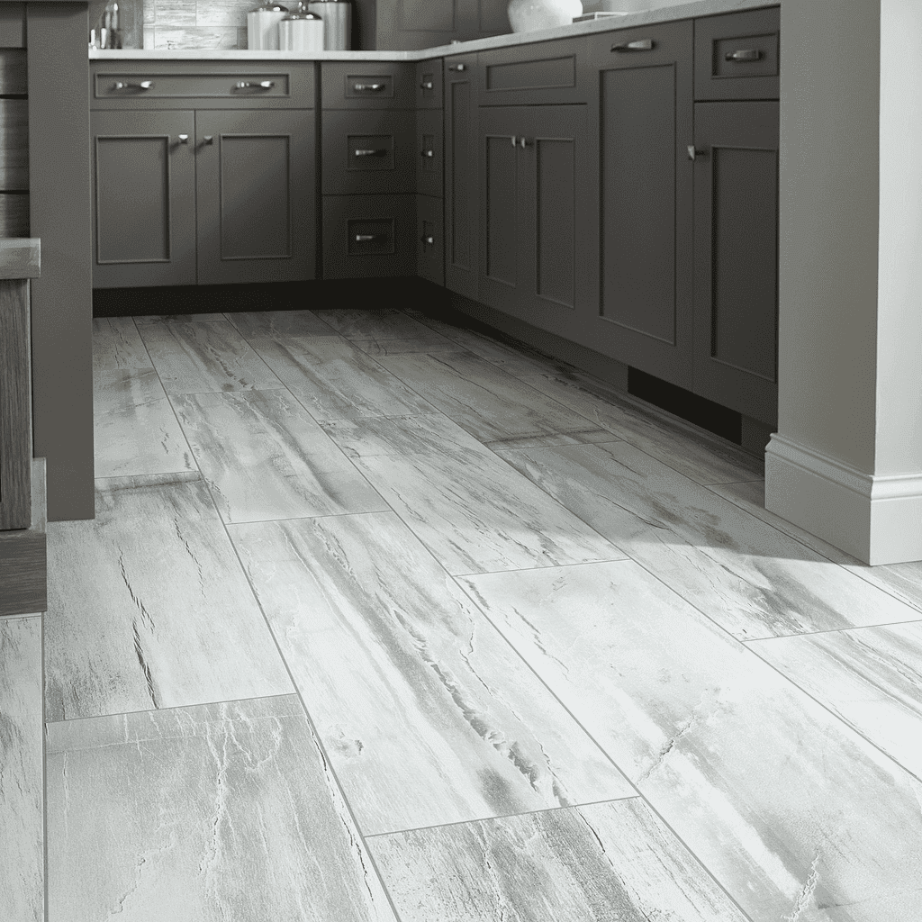A kitchen with grey cabinets and white floor