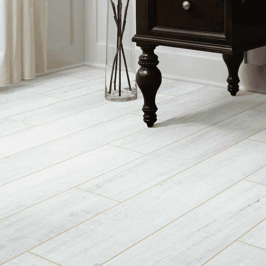 A white tile floor with black furniture and curtains.