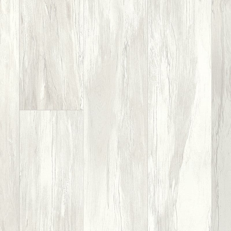 A white wood floor with some scratches and spots