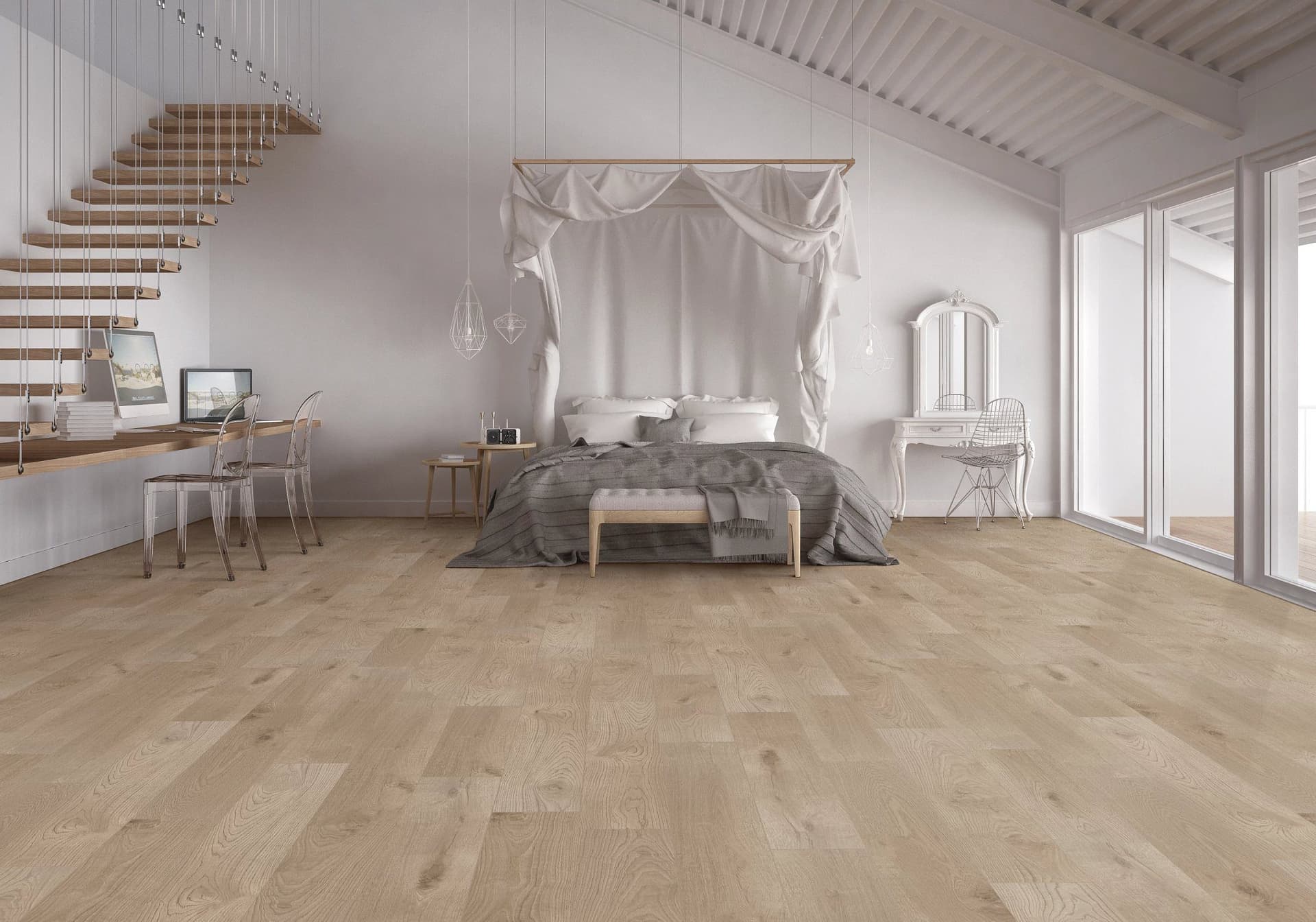 A bedroom with a bed and two chairs in it