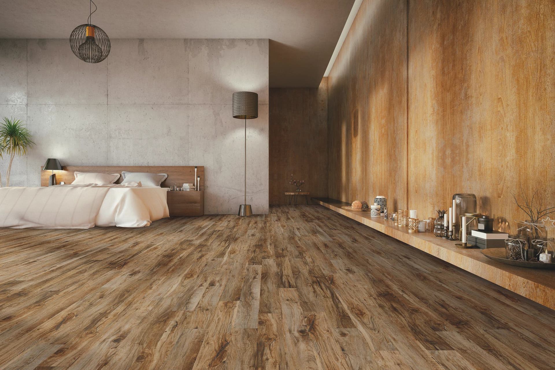 A bedroom with wood floors and walls