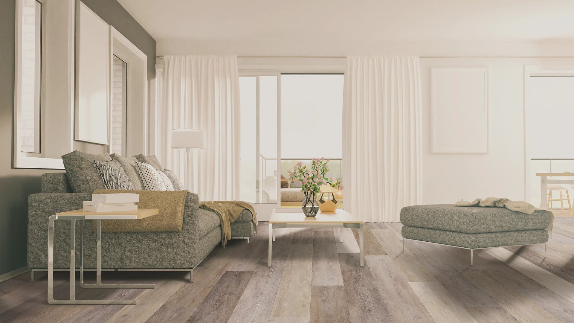 A living room with white walls and wooden floors.