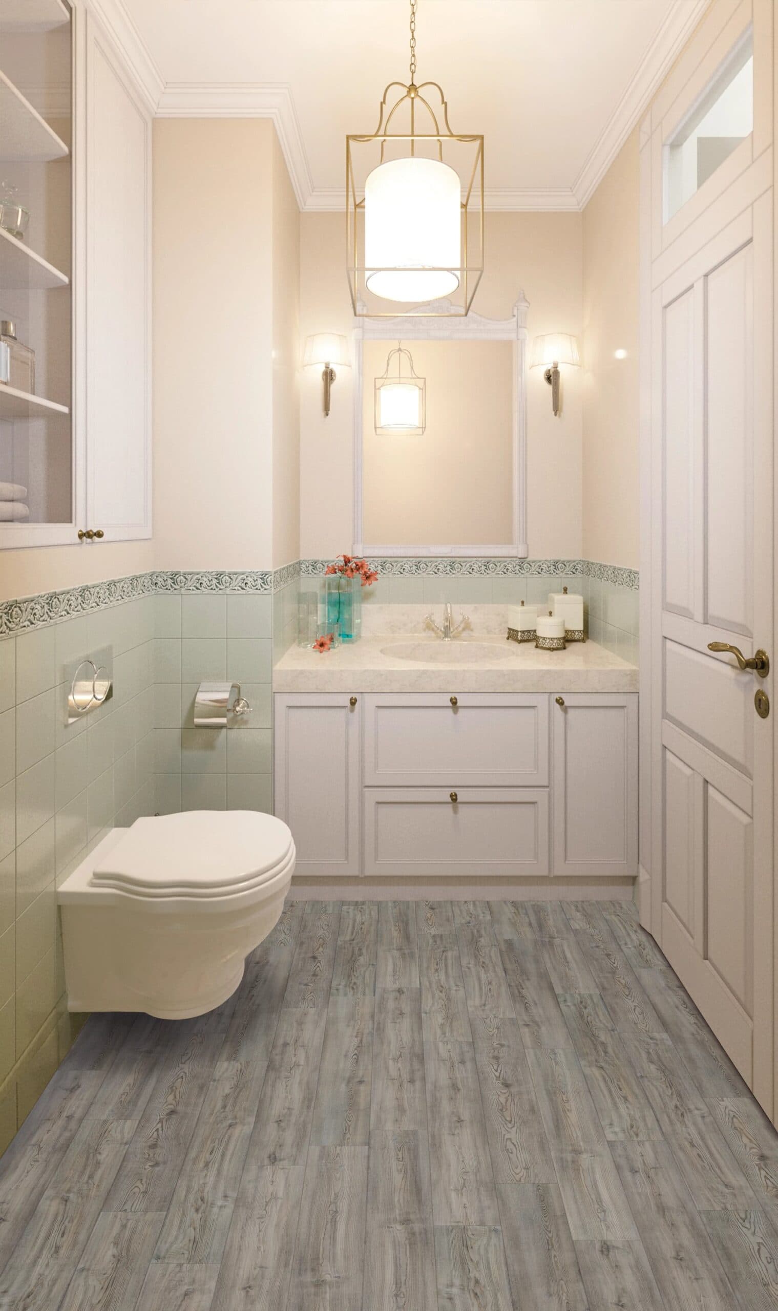 A bathroom with white cabinets and a toilet.