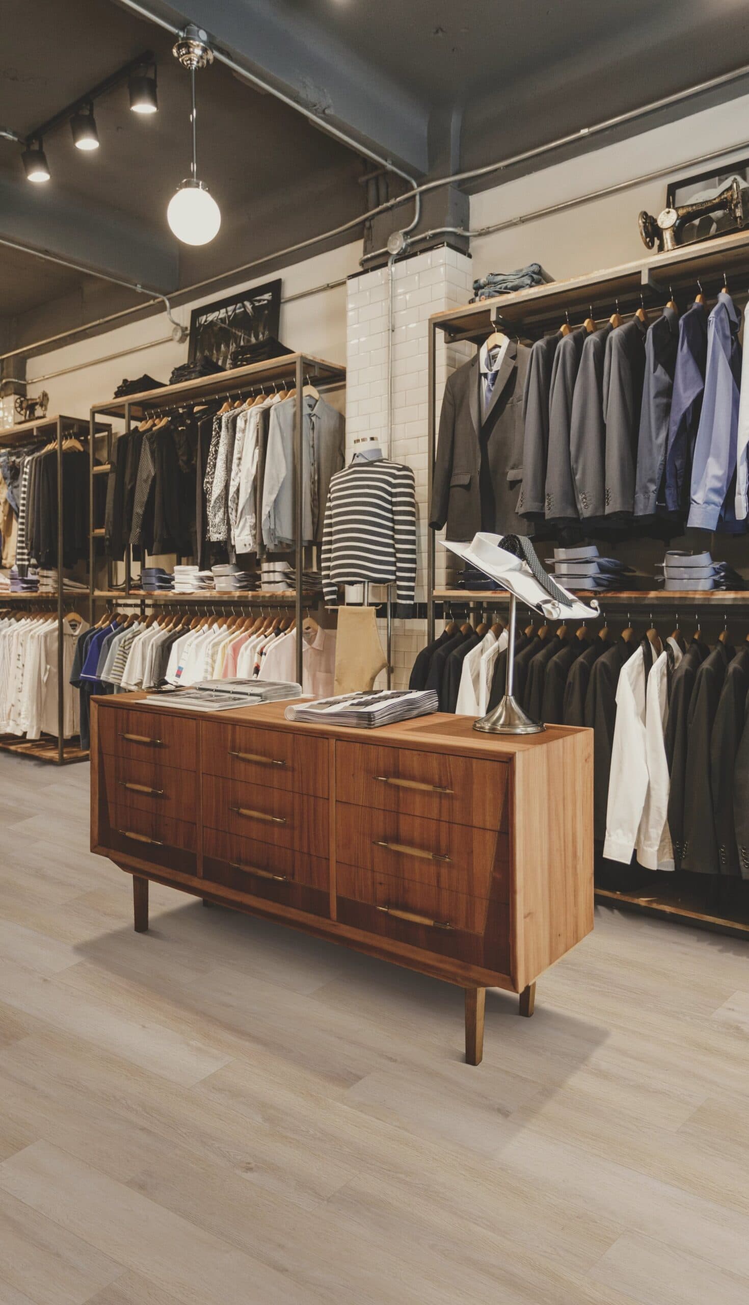 A dresser in front of a wall filled with clothes.