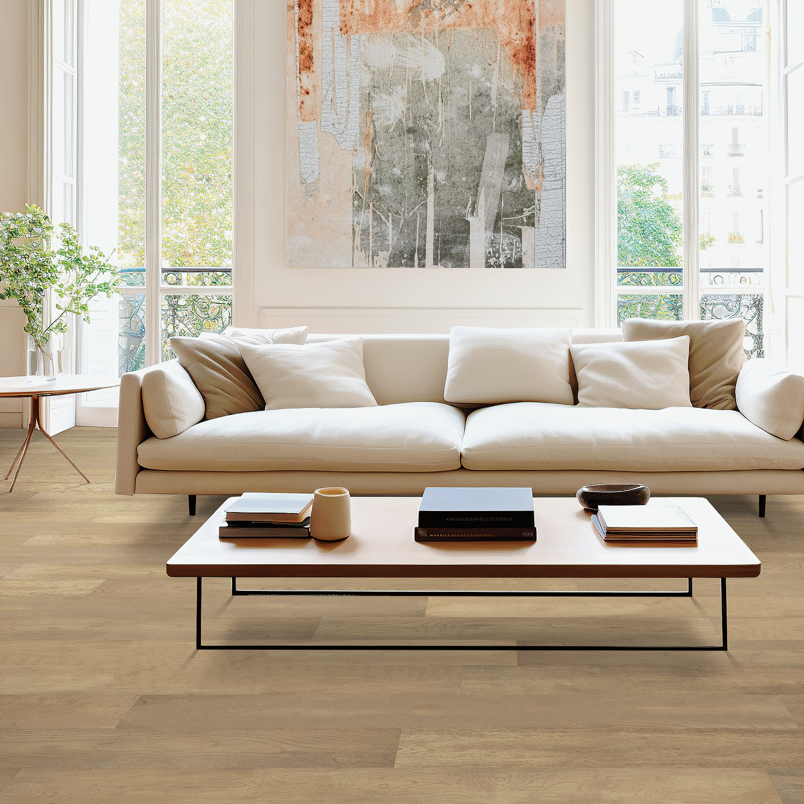 A living room with a couch and coffee table