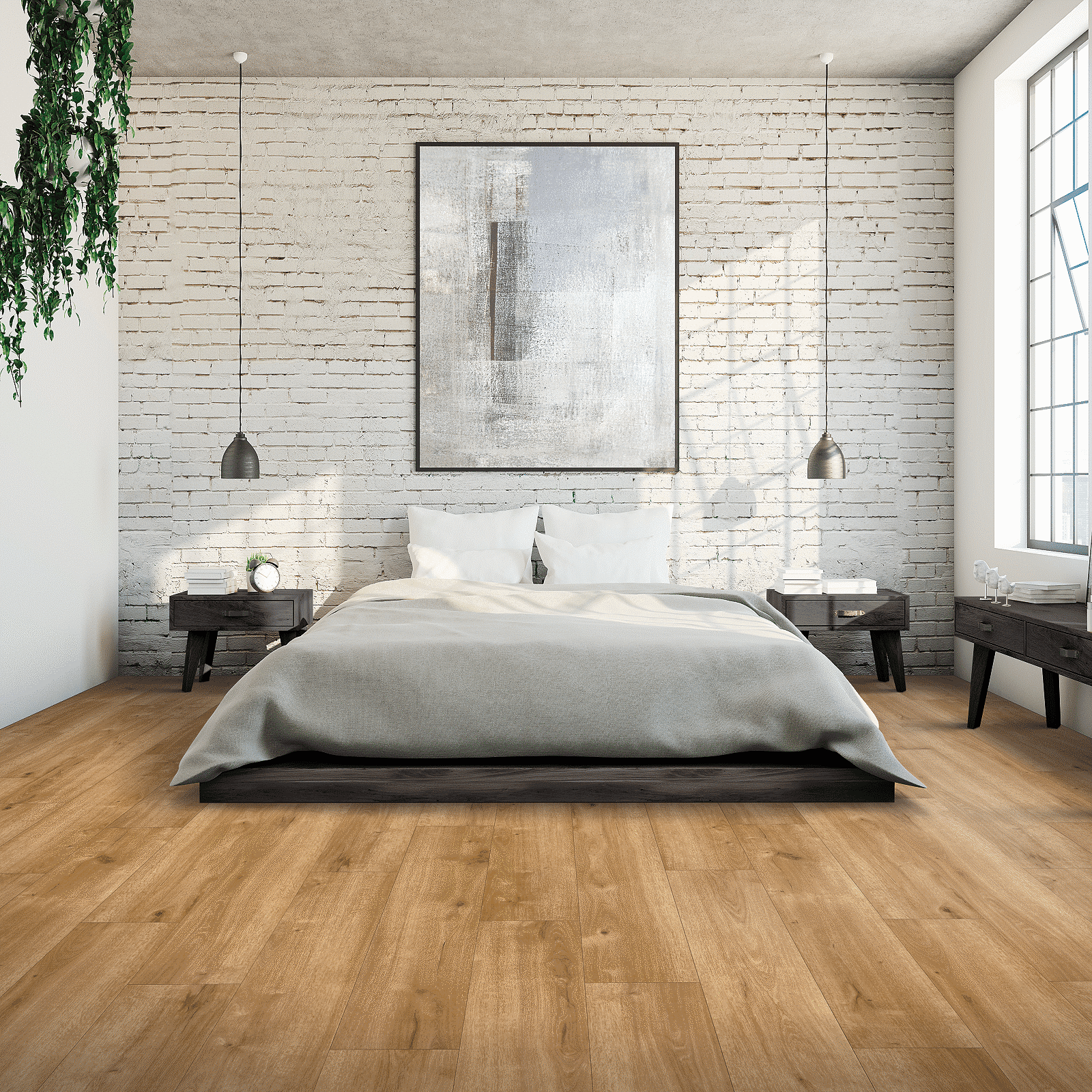 A bedroom with a bed and two lamps.