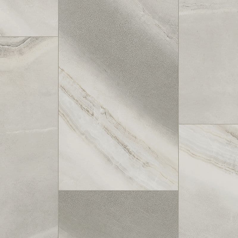 A white tile floor with some grey lines