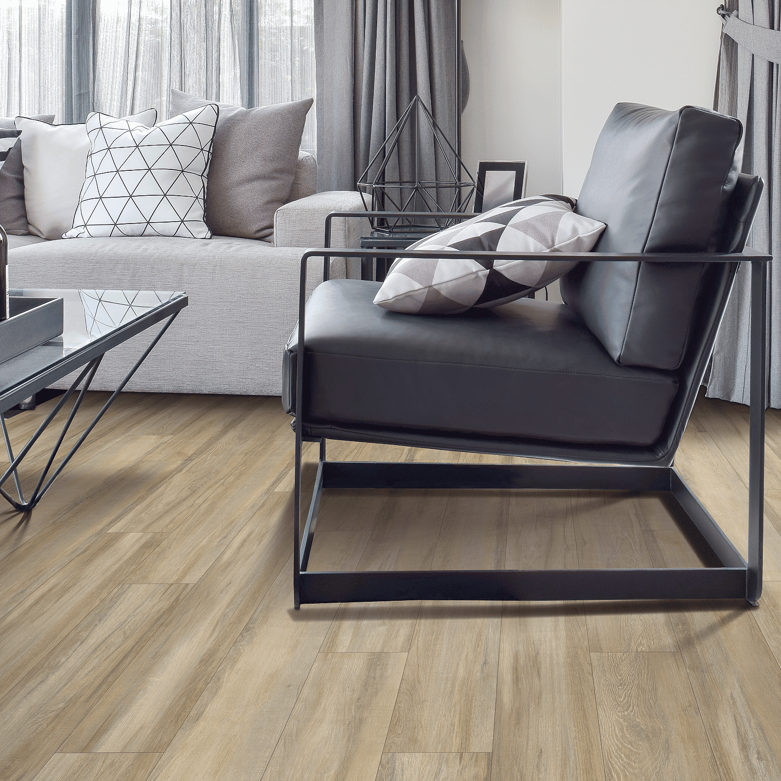 A living room with a couch and chair