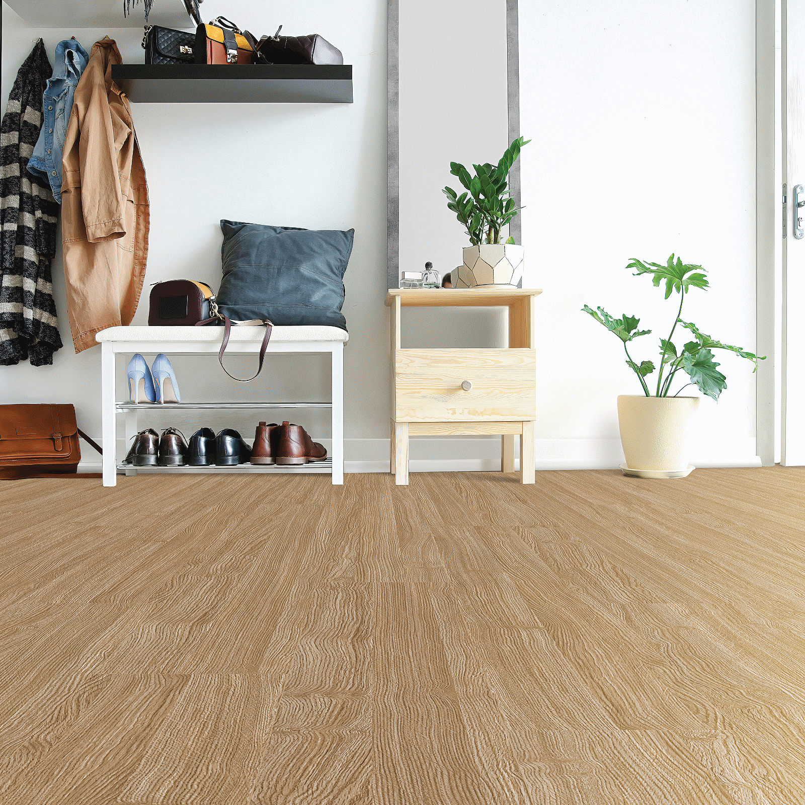 A room with wooden floors and white walls.