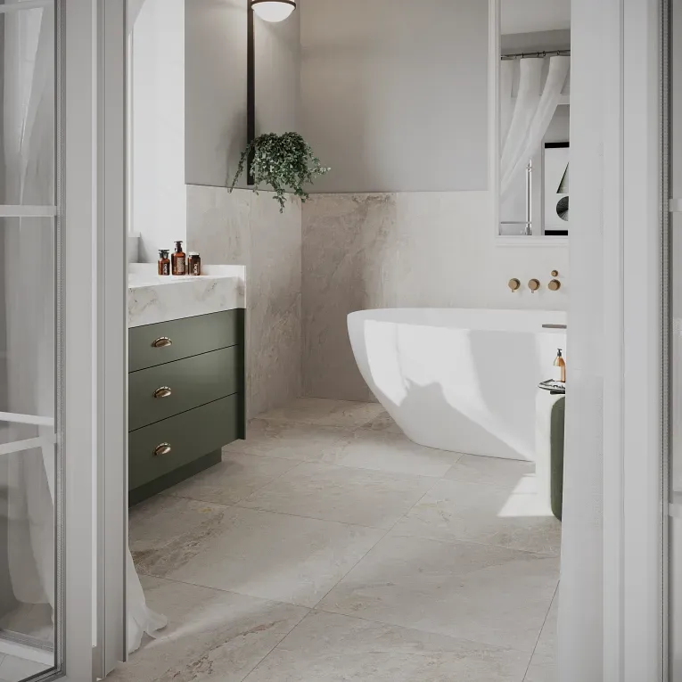 A bathroom with a tub, sink and mirror.