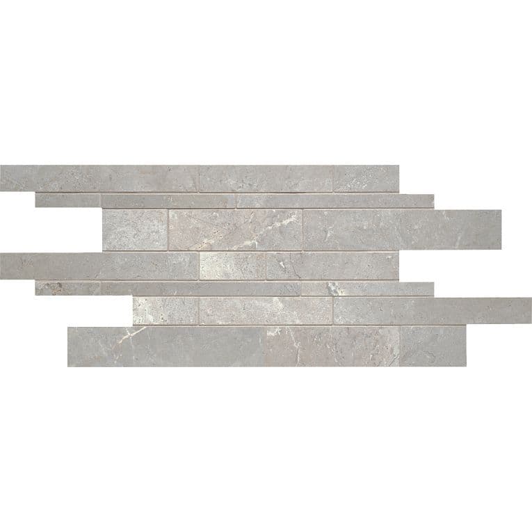 A gray tile wall with a strip pattern.