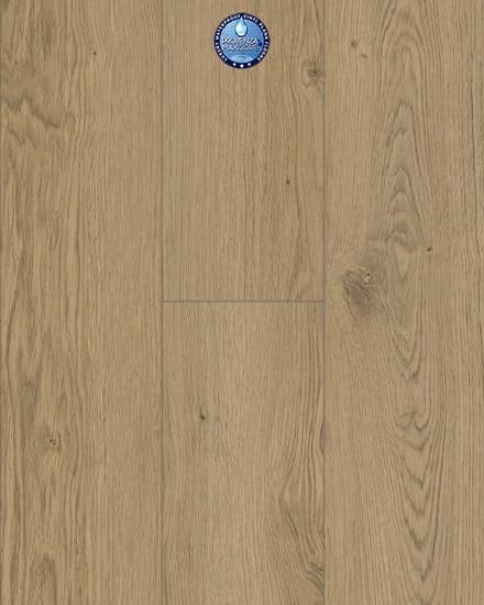 A wood floor with a blue and white clock on it.