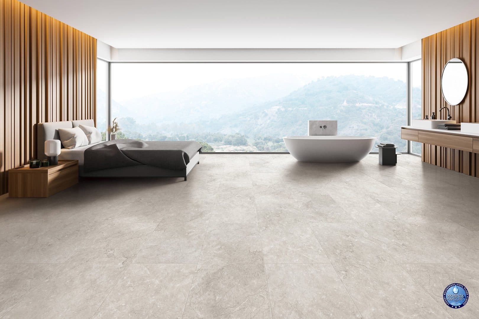 A large room with a view of the mountains.