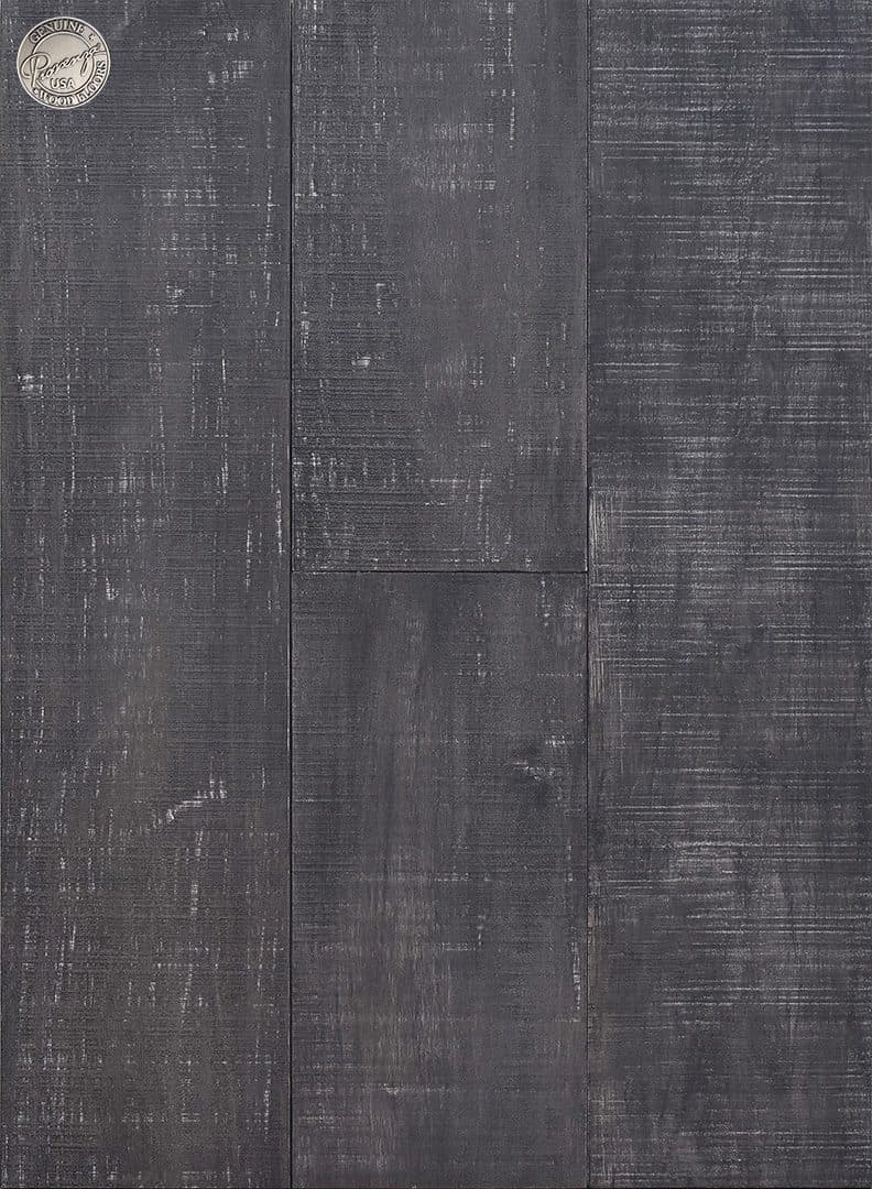 A black wood floor with some white lines