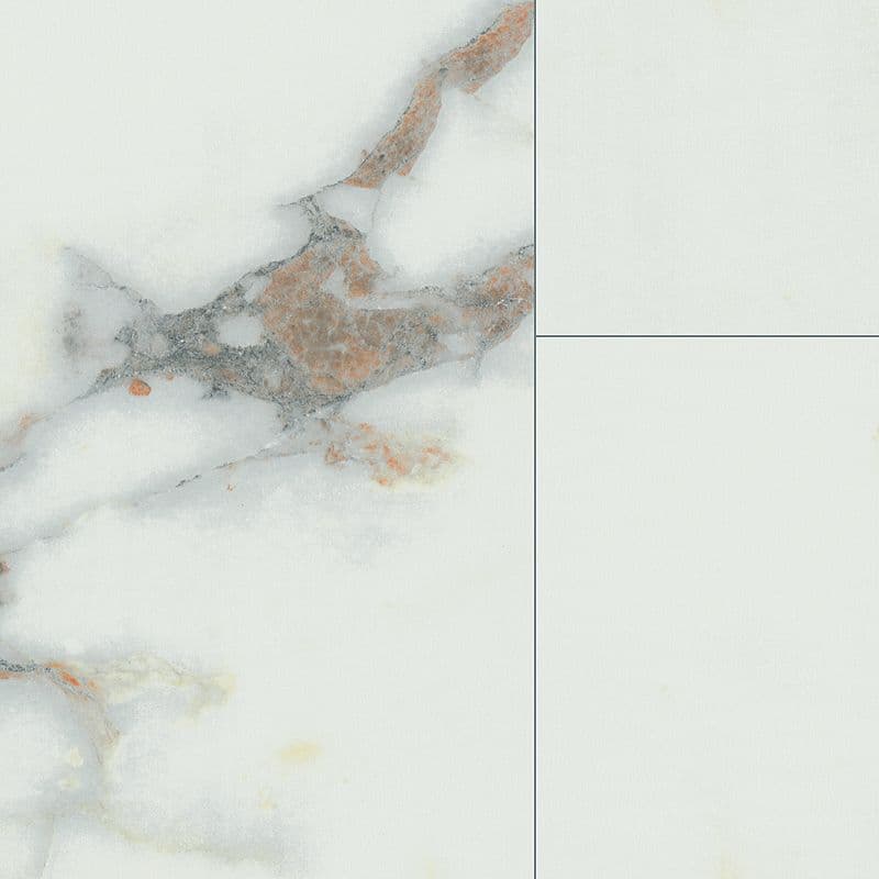 A white marble floor with brown and beige accents.