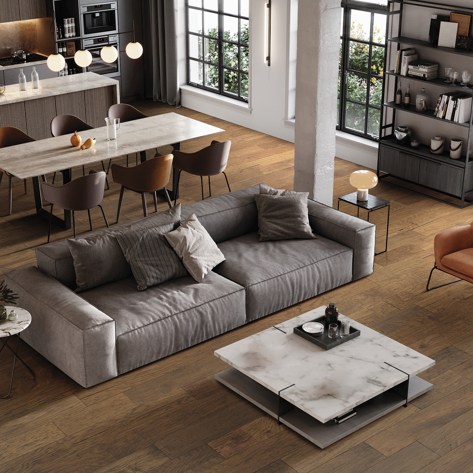 A living room with a couch and chairs