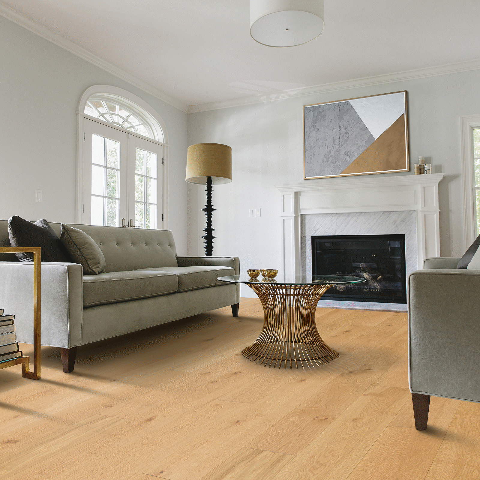 A living room with a fireplace and a couch