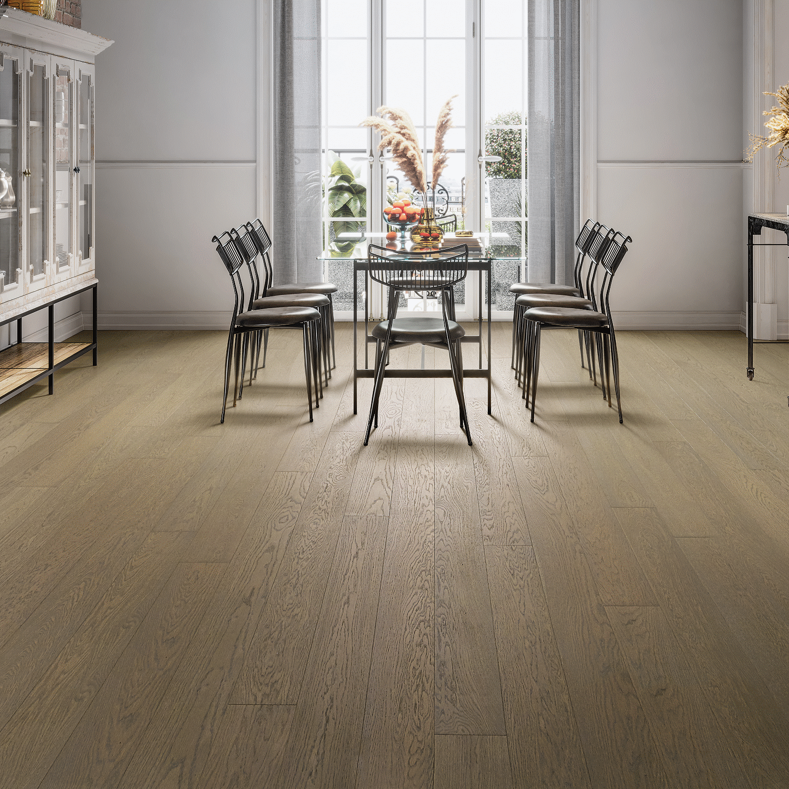 A dining room with chairs and table in it