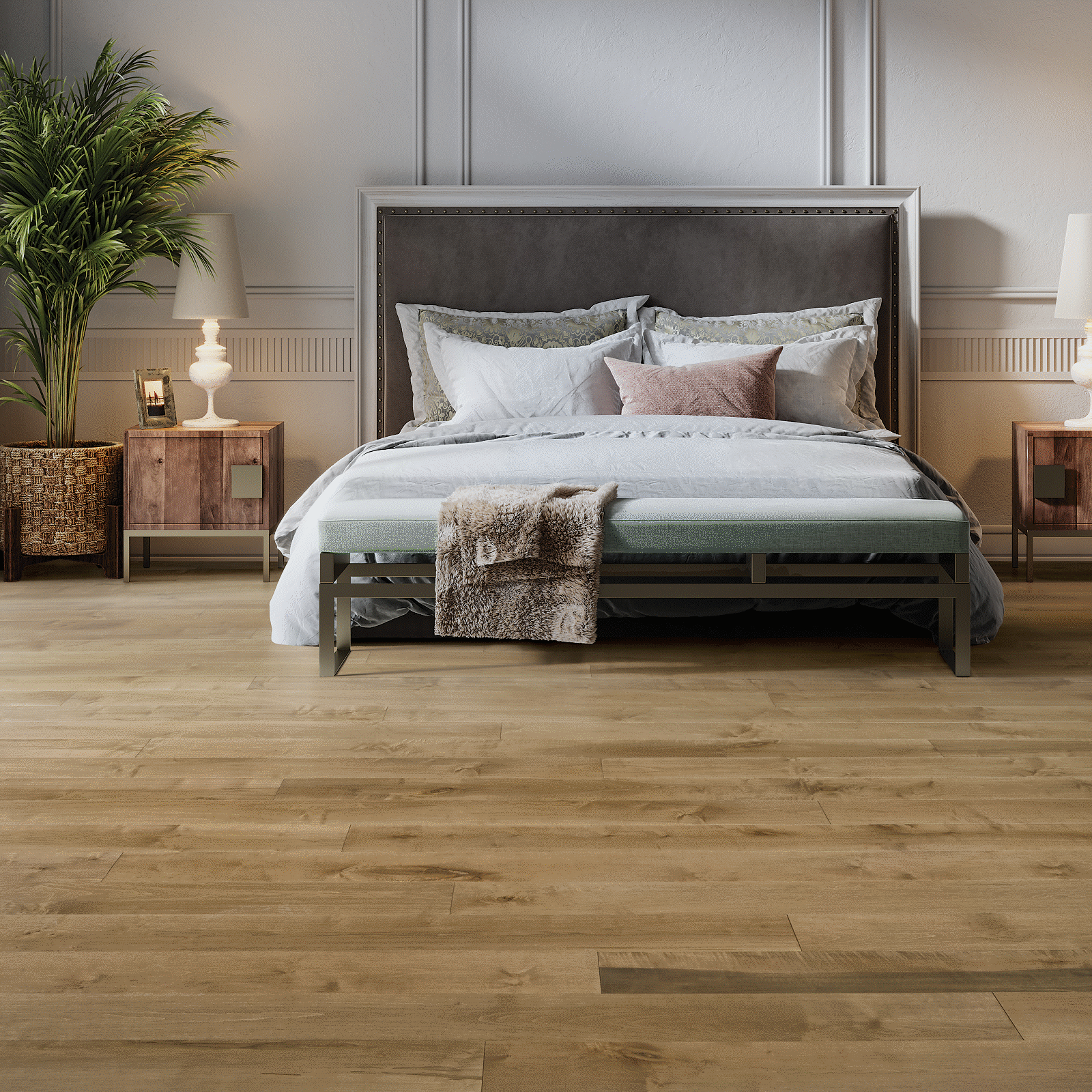 A bed room with a large bed and two night stands