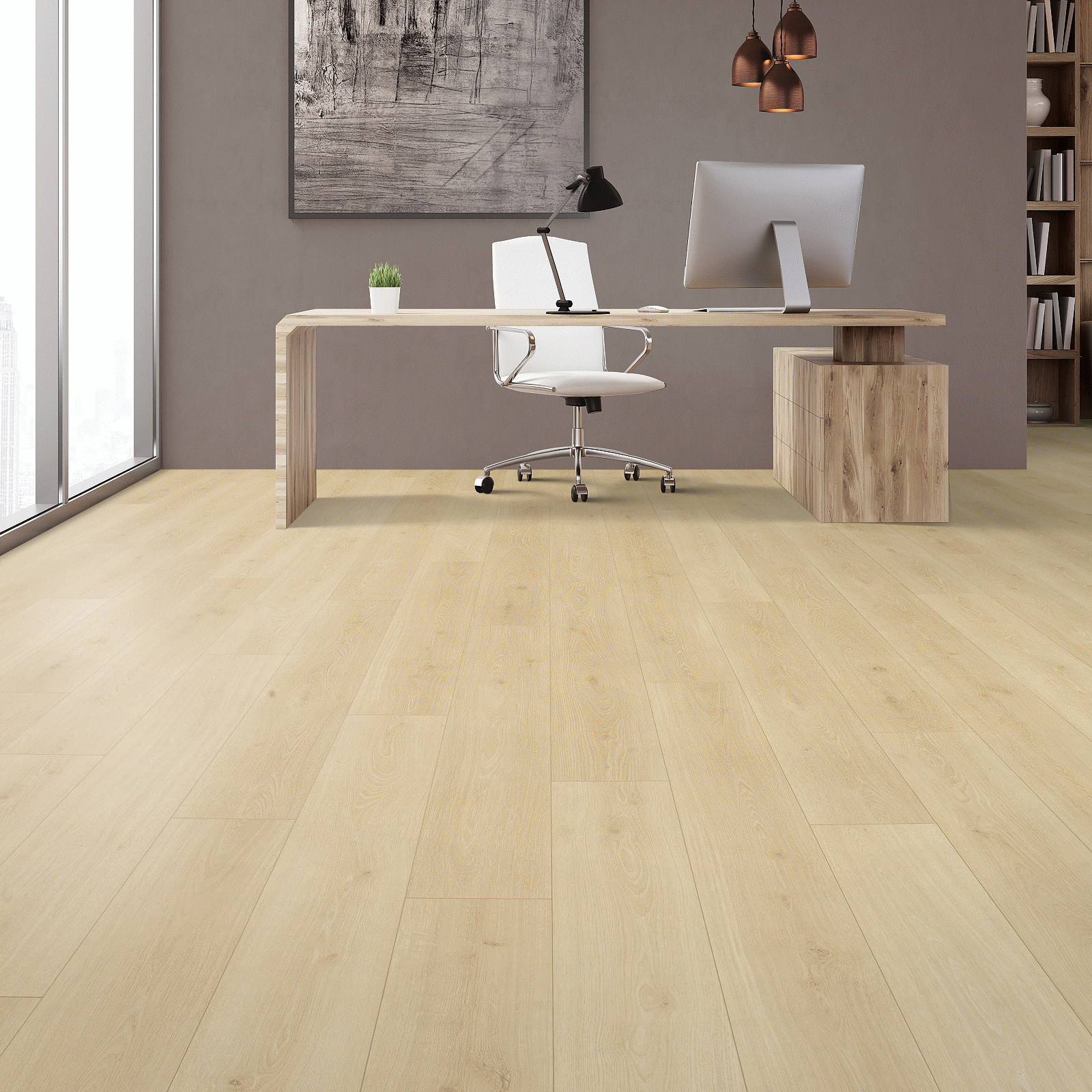 A desk and chair in front of a window.