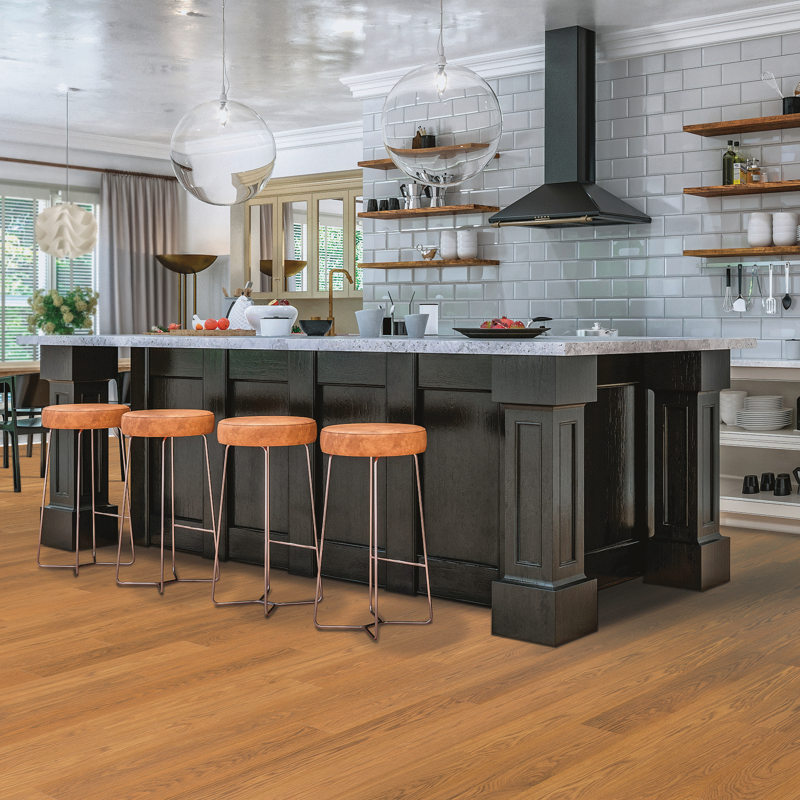 A kitchen with an island and stools in it