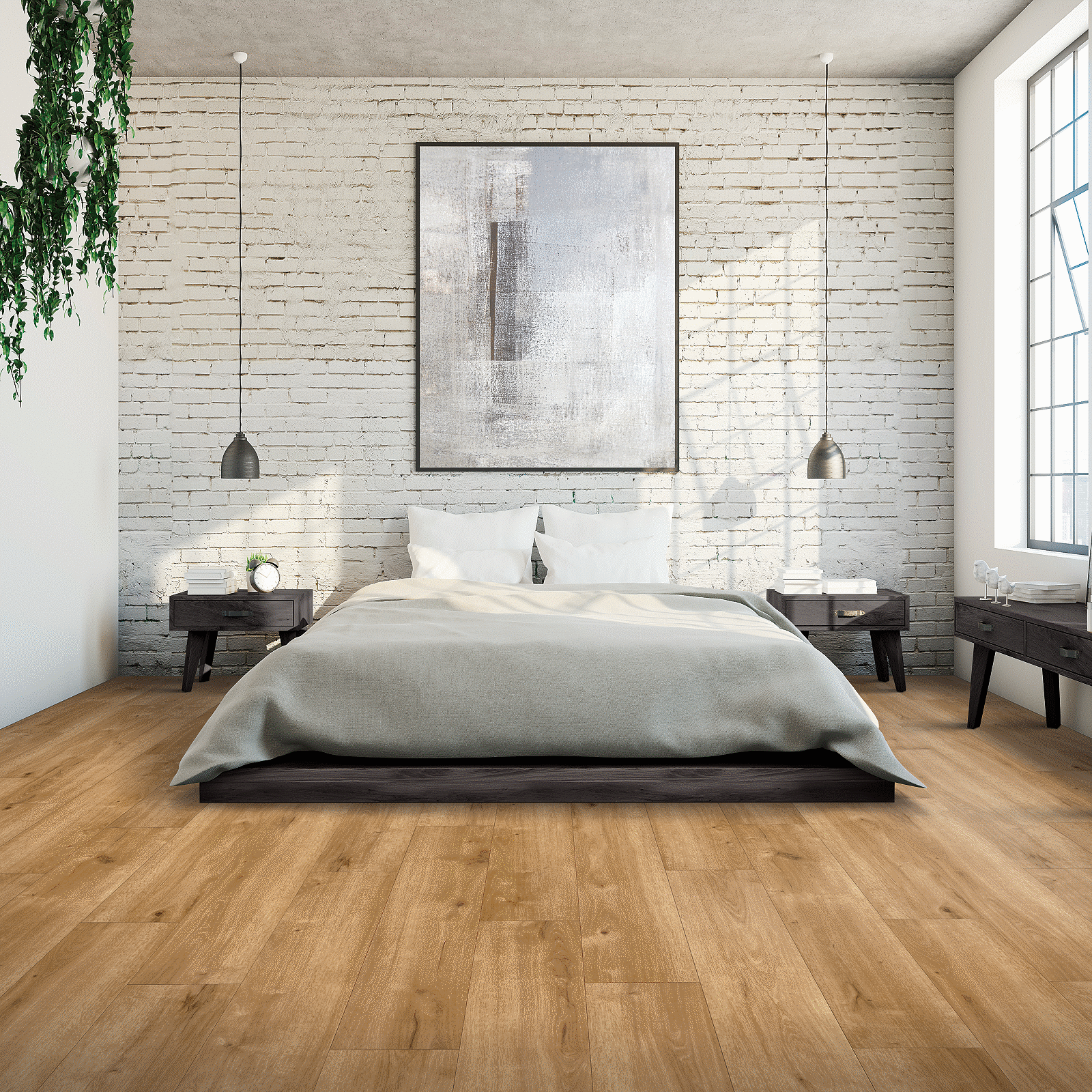 A bedroom with a bed and two lamps.