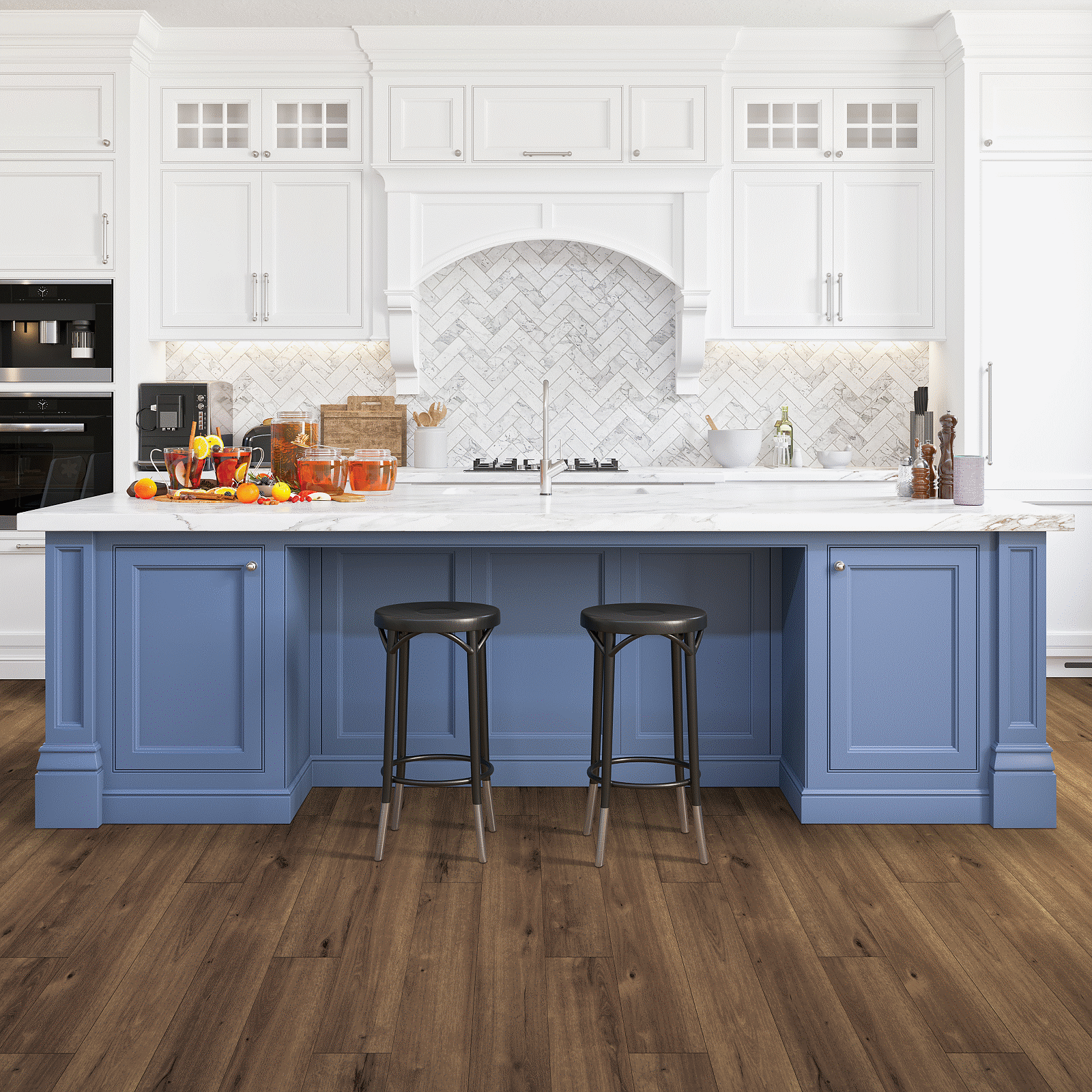 A kitchen with blue cabinets and white counters.