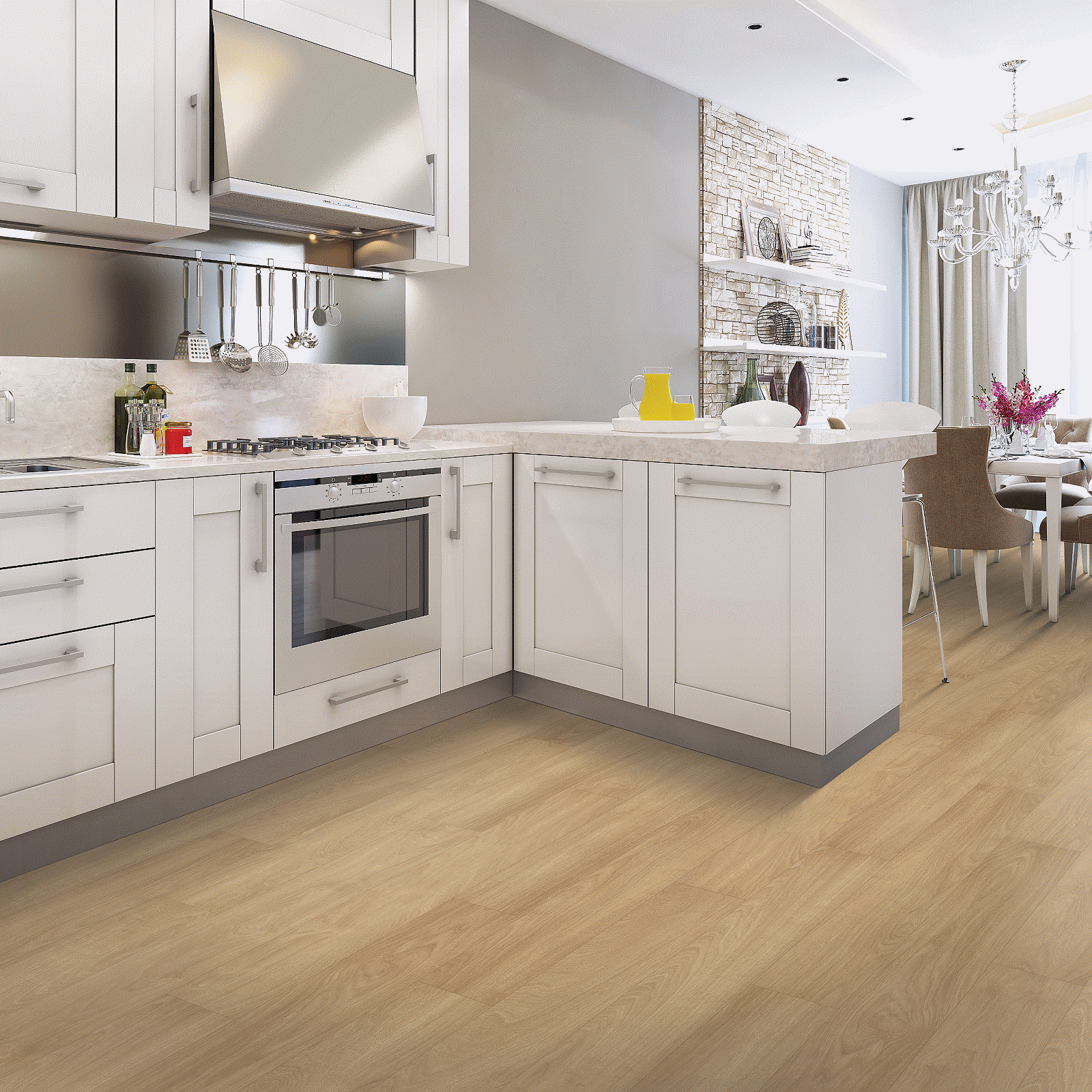 A kitchen with white cabinets and wood floors.