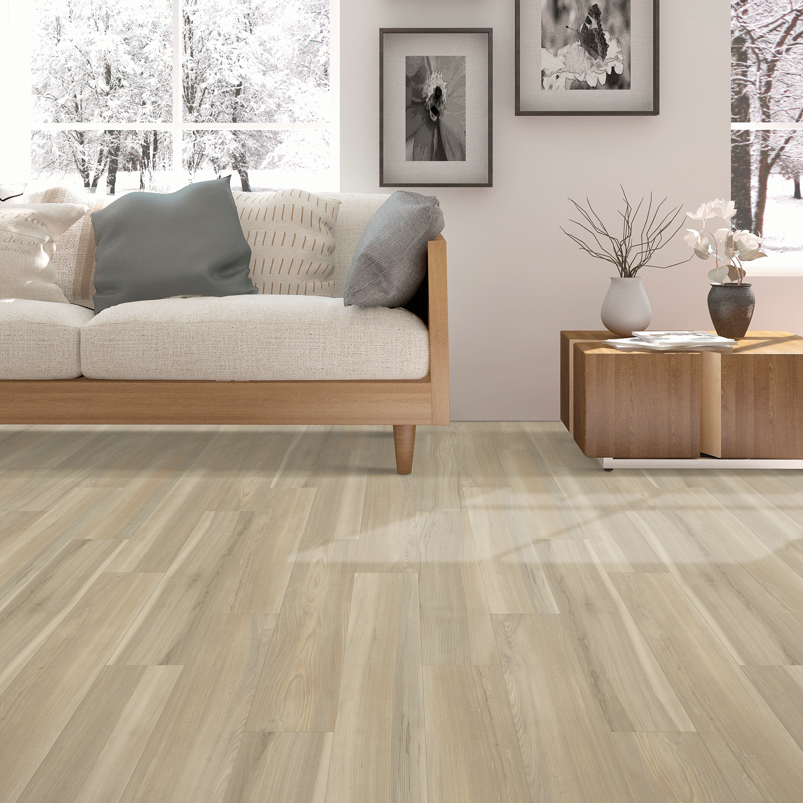 A living room with white walls and wooden floors.