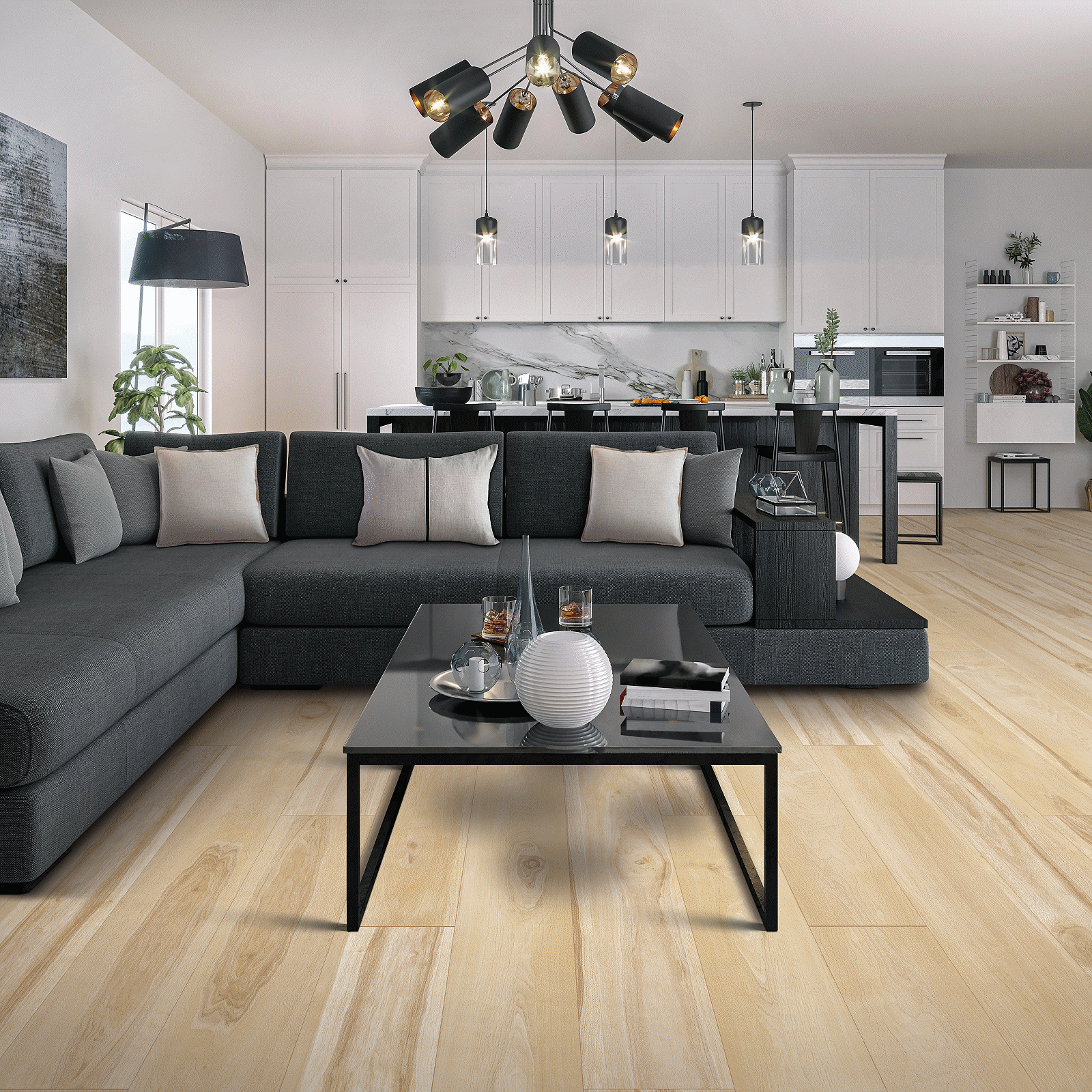 A living room with a couch, coffee table and chairs.