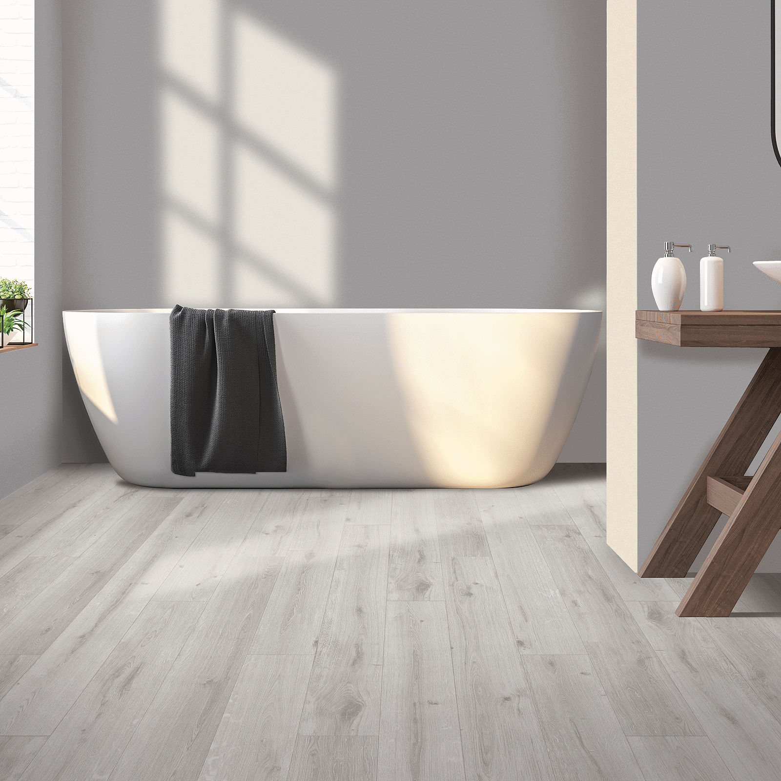 A bathroom with white walls and wooden floors.