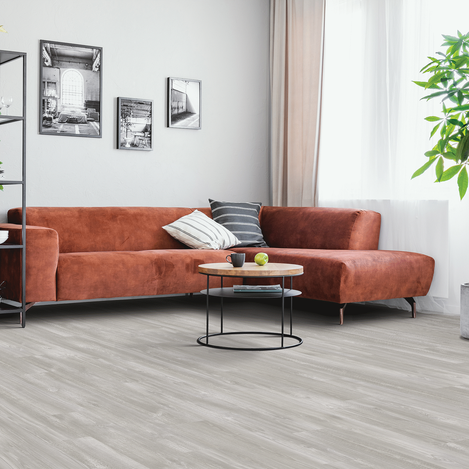 A living room with a couch and coffee table