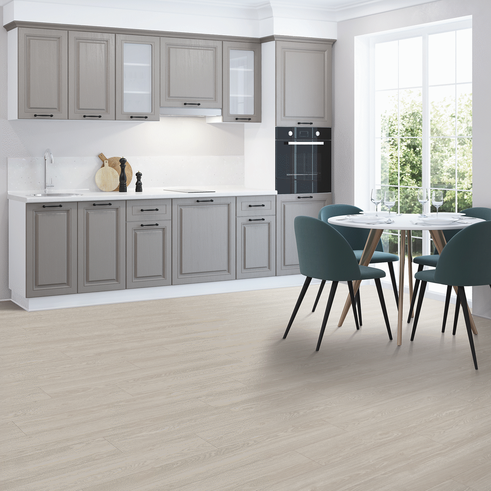 A kitchen with grey cabinets and white counters.