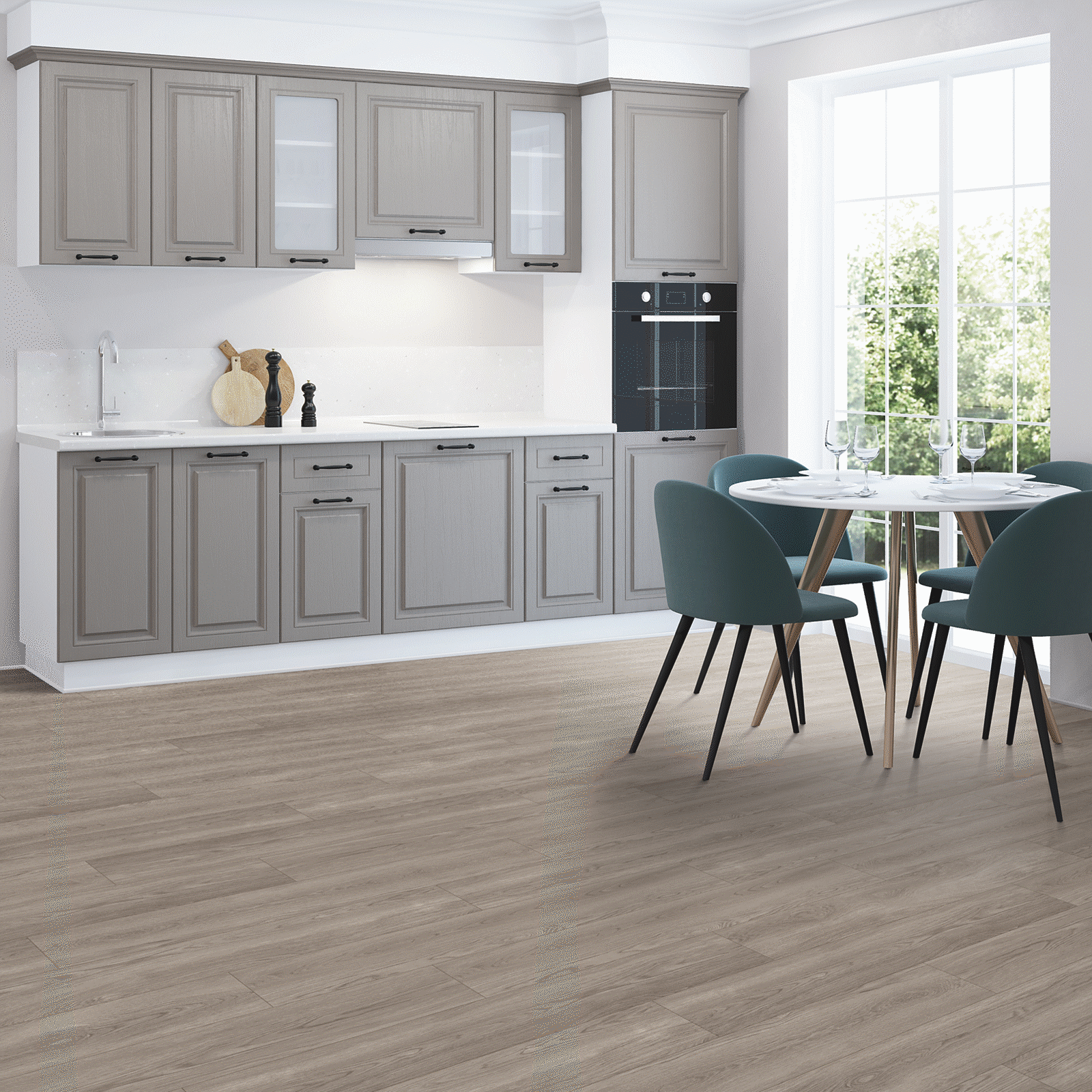 A kitchen with grey cabinets and gray walls.
