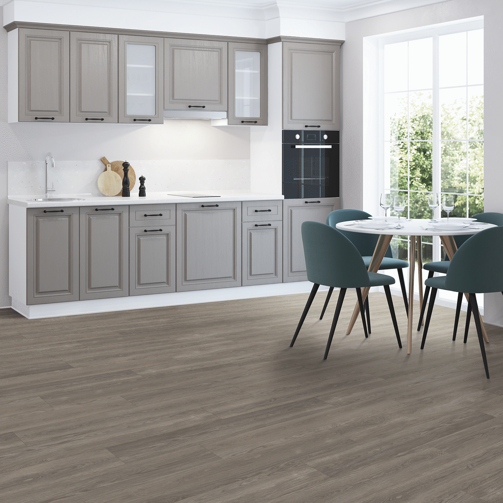 A kitchen with grey cabinets and gray walls.
